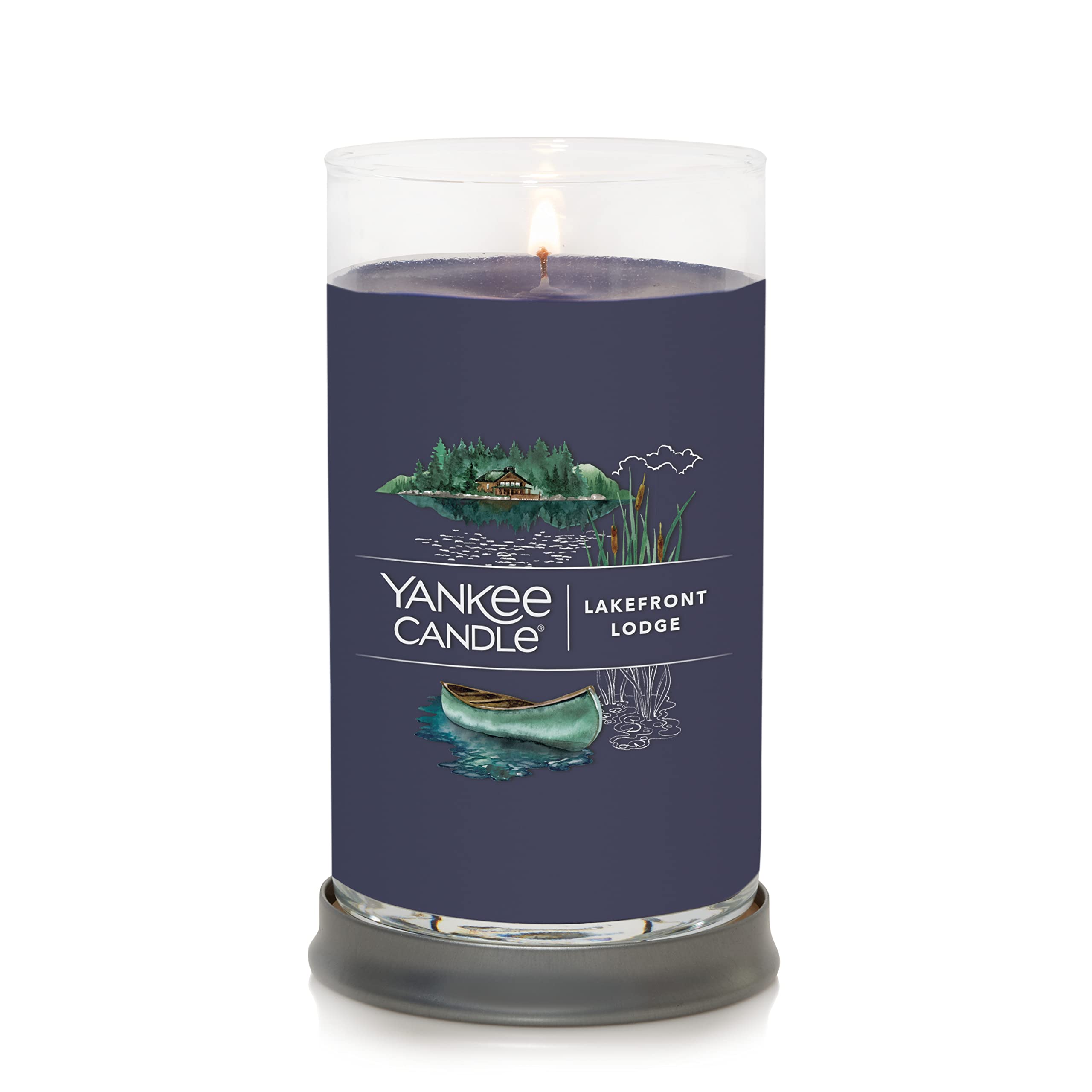 Yankee Candle Lakefront Lodge Signature Medium Pillar Candle - 14.25oz., Dark Blue - Soy Wax Blend, Metal Lid Coaster - Home & Kitchen Décor