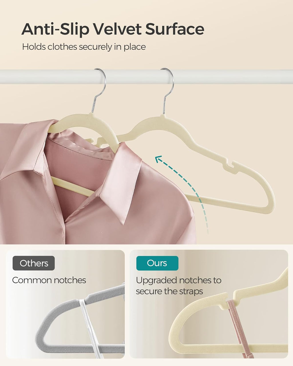SONGMICS Velvet Hangers - 50 Pack Non-Slip Suit Hangers with Shoulder Notches & 360° Swivel Hook - Sand Beige