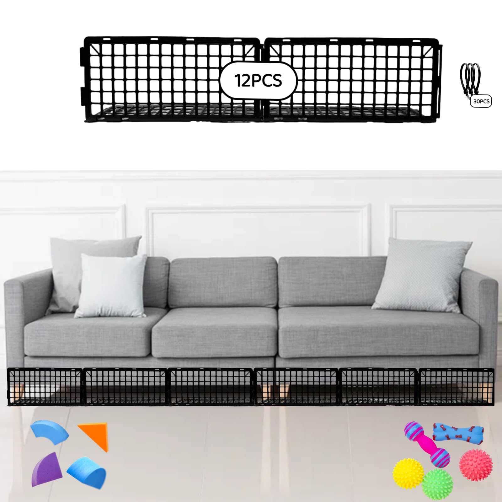 BeeStorix 12Pcs Under Couch Blockers for Pets, Adjustable Plastic Under Bed Blockers, Furniture Barriers for Toys Dogs Cats (Black)