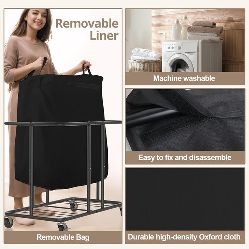 Hodonas Laundry Hamper - 2-Section 230L Rolling Clothes Basket with Silent Casters & Detachable Bags - Black