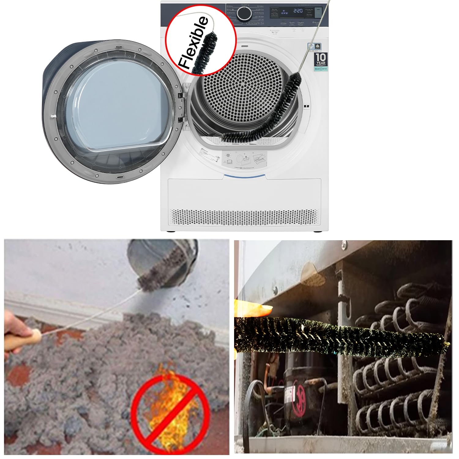 Vacuum Accessories & Attachment Compatible with Dyson V7 V8 V10 V11 V15 V6 DC58 DC59 - Dryer Vent Cleaner Kit & Refrigerator Condenser Coil Brush- Flexible Crevice Tool for Small Crevice