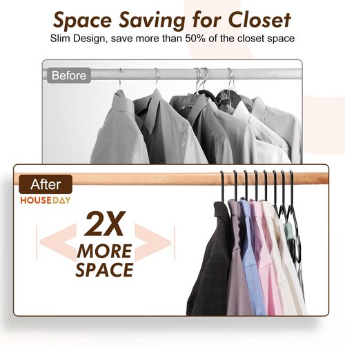 HOUSE DAY Black Plastic Hangers 50 Pack - Made in USA - Lightweight & Slim Space Saving Clothes Hanger with Shoulder Grooves for Dresses, Lingerie, Shirts, Pants, Durable Closet Organizers and Storage