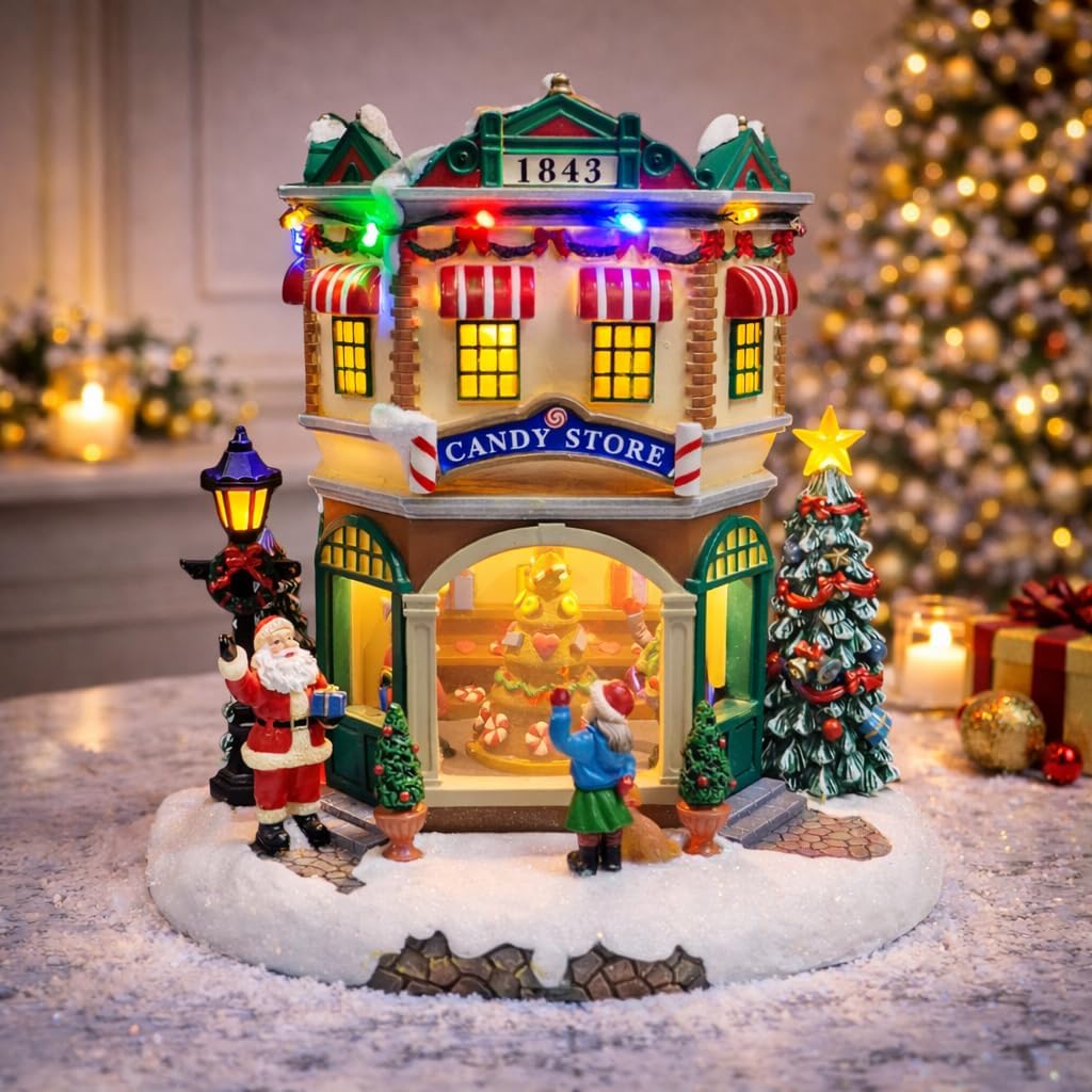 Moments In Time LED Musical Candy Store - 10.3” Light Up Christmas Village Scene | Plays 8 Classic Songs, Battery Operated