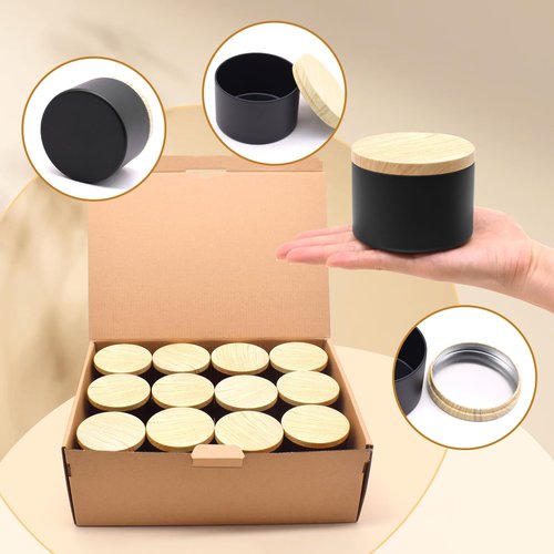 YJHSS 8oz Black Candle Tins with Metal Wood-Grain Printing Lids, 24-Pack Candle Jars for Making Candles, Empty Candle Tins for Making Candles, Bulk 8 oz Candle Containers Candle Vessels