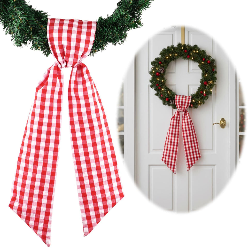 NUVCELKA Red White Plaid Wreath Sash Front Door Decoration, Blank Sash Christmas Valentine Wedding Holiday Party Bow Ribbon Accessories Indoor Outdoor Farmhouse Home Decor