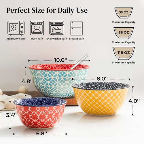 DOWAN Ceramic Mixing Bowls - Colorful Nesting Bowls for Cooking & Baking | Set of 3 (3.7/2/1 Qt)