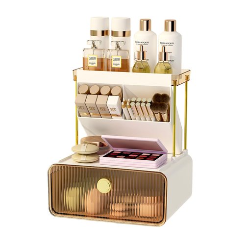 FOLLOWIN 3 Tiers Makeup Organizer with Drawer,Cosmetic Display with Lipsticks Brush Holder,Cosmetics and Beauty Supplies Organizers for Vanity,Dresser,Bathroom Desktop Countertop Organizer,Amber