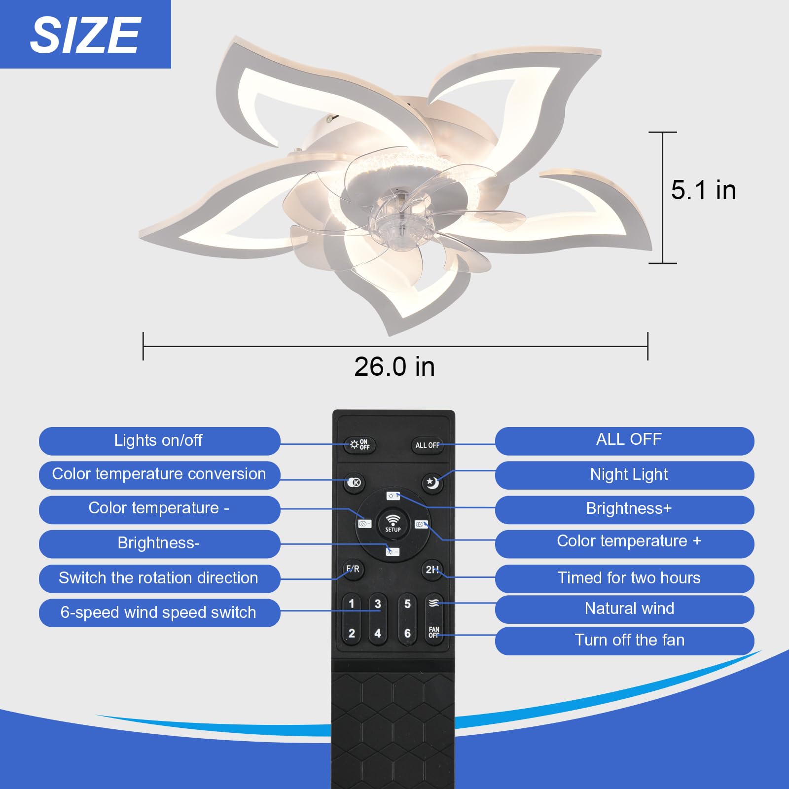 ZHMDJDSH 26" Geometric Ceiling Fan with Light Remote Control, 6 Speeds 3 Colors, White Low Profile Flush Mount Ceiling Light for Kitchen Bedroom Living Room