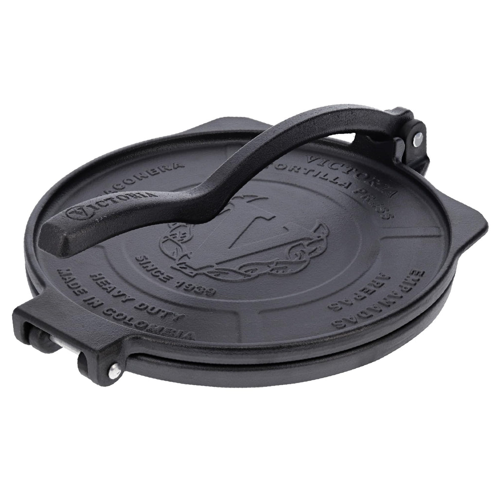 Victoria 10-Inch Cast Iron Tortilla Press HD Spherrous, Commercial-Grade Cast Iron Tortilla Maker, Roti Press, Pataconera Seasoned with Flaxseed Oil, Made in Colombia, Black