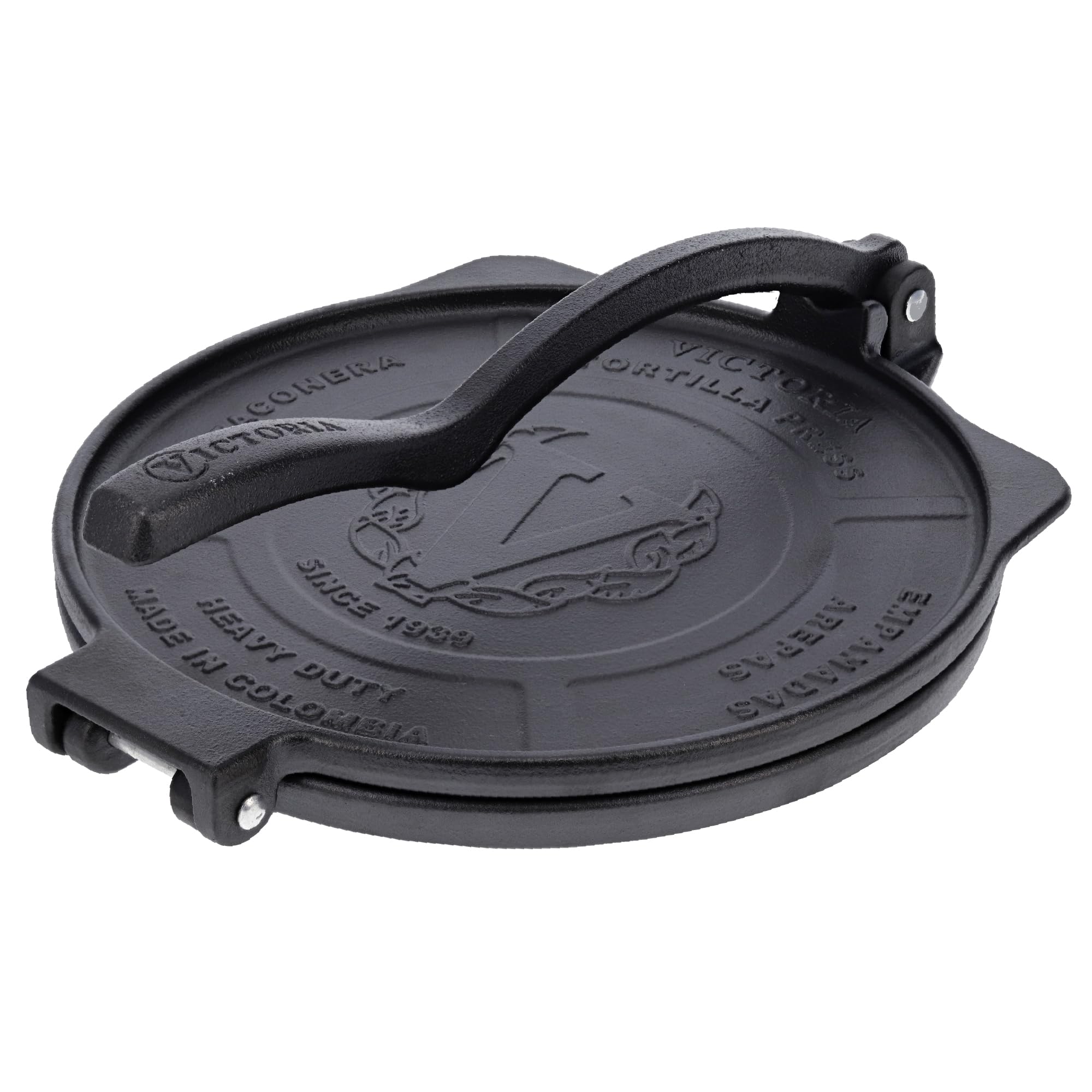 Victoria 10-Inch Cast Iron Tortilla Press HD Spherrous, Commercial-Grade Cast Iron Tortilla Maker, Roti Press, Pataconera Seasoned with Flaxseed Oil, Made in Colombia, Black
