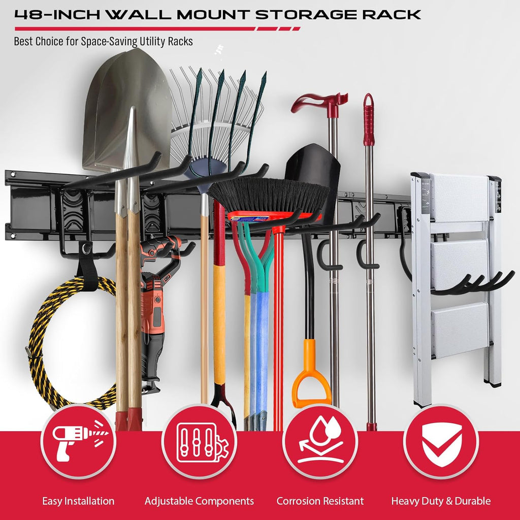 SEDY 48" Heavy Duty Garage Wall Organizer - Adjustable Tool Storage Rack Holds Up to 300lbs | Easy Install with 8 Hooks & 3 Rails