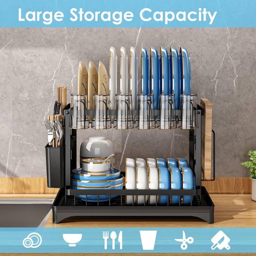 AIDERLY Dish Drying Rack for Kitchen Counter 2 Tier Iron Dish Drainer with Removable Cutlery Basket, Black