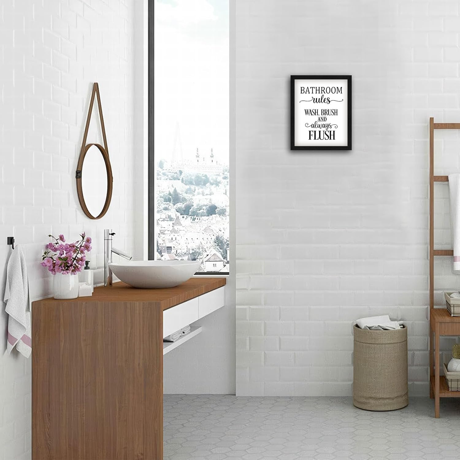 Regine Switzerland Funny Bathroom Wall Art - Framed 8x10 Inches Black and White Toilet Rules Decor | Essential Restroom Canvas Prints