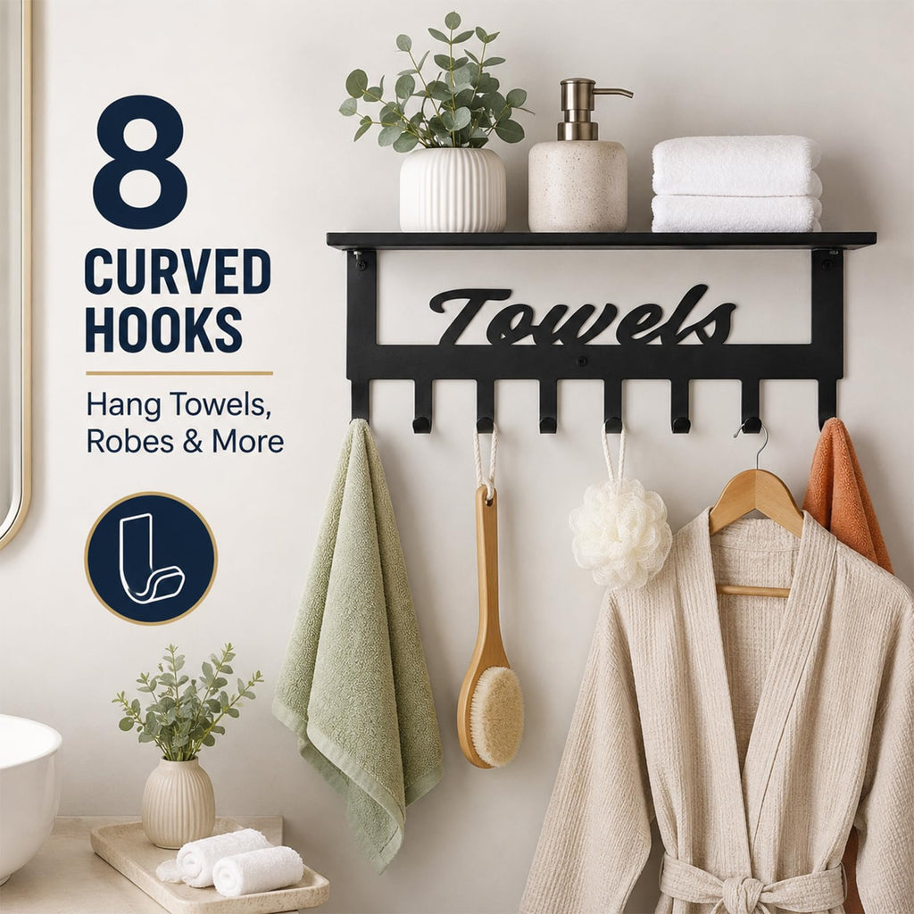 Towel Rack with Shelf for Bathroom - Metal Towels Rack Hanger, Space Saving Towel Holder Rack, Wall Mounted, 8 Hooks, Towel Organizer for Coat Robe Bathrobe in Home Pool Bedroom Beach Living Room