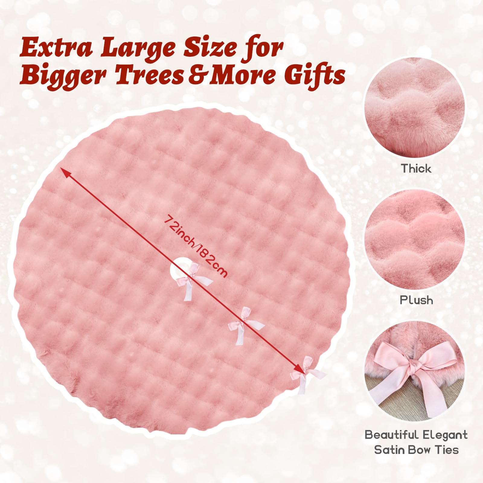 Pink Christmas Tree Skirt 72 Inch, Extra Large Faux Fur Tree Skirt, Thick Soft Plush Big Xmas Tree Skirts with Satin Ribbon Ties for Outdoor Indoor Merry Christmas Party 6/7/7.5/9ft Tree Decoration