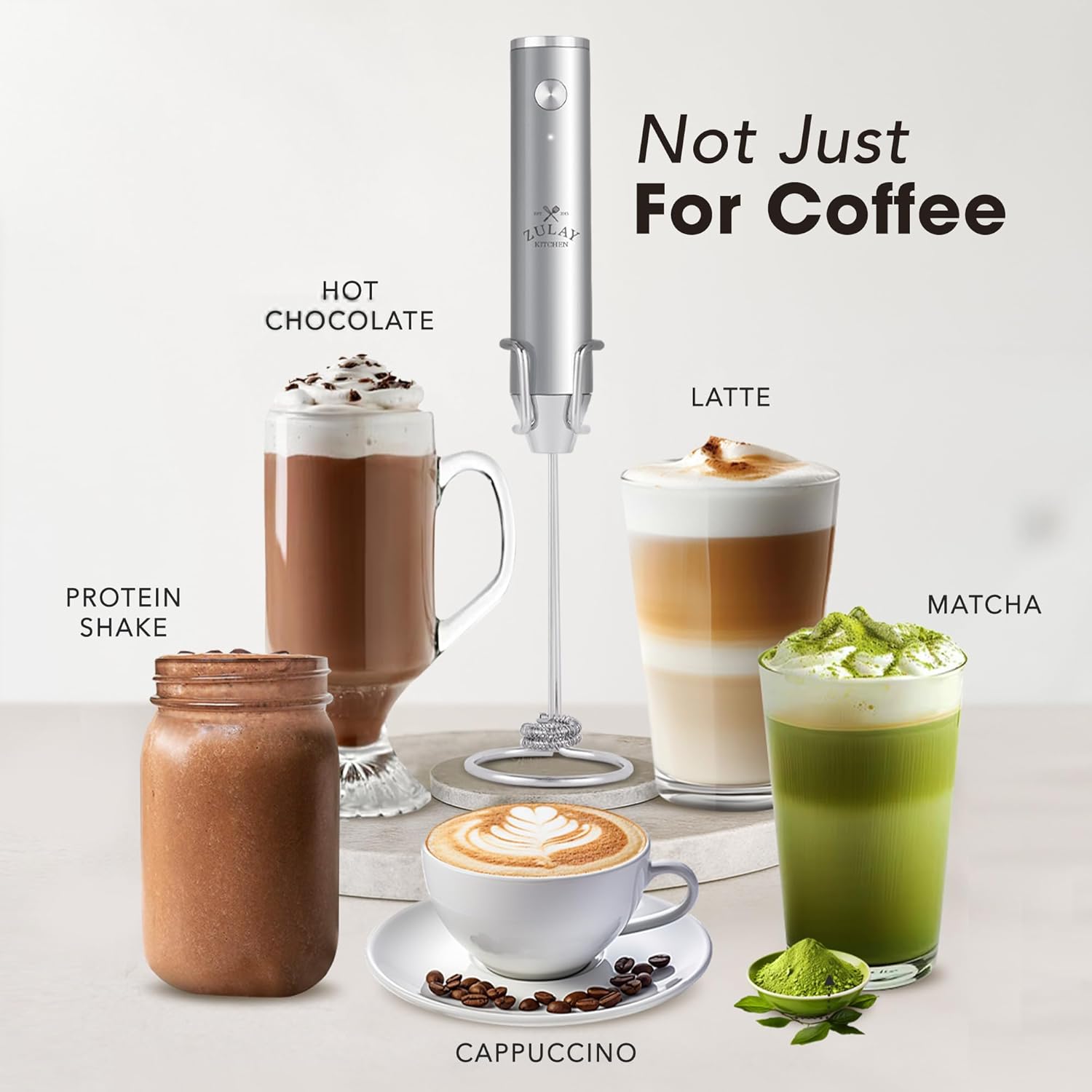Zulay Kitchen Rechargeable Milk Frother - Powerful 2-Speed Mixer with 4 Whisks | Waterproof, 2000mAh Battery - Silver