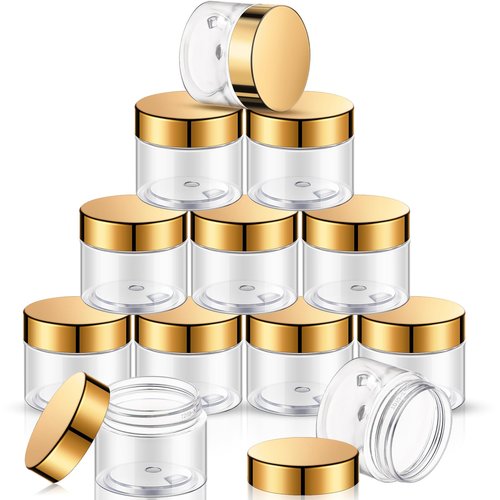 SATINIOR 24 Pieces Empty Clear Plastic Jars with Lids Round Storage Containers Wide Mouth for Beauty Product Cosmetic Cream Lotion Liquid Butter Craft and Food(Gold Lid,6 oz)
