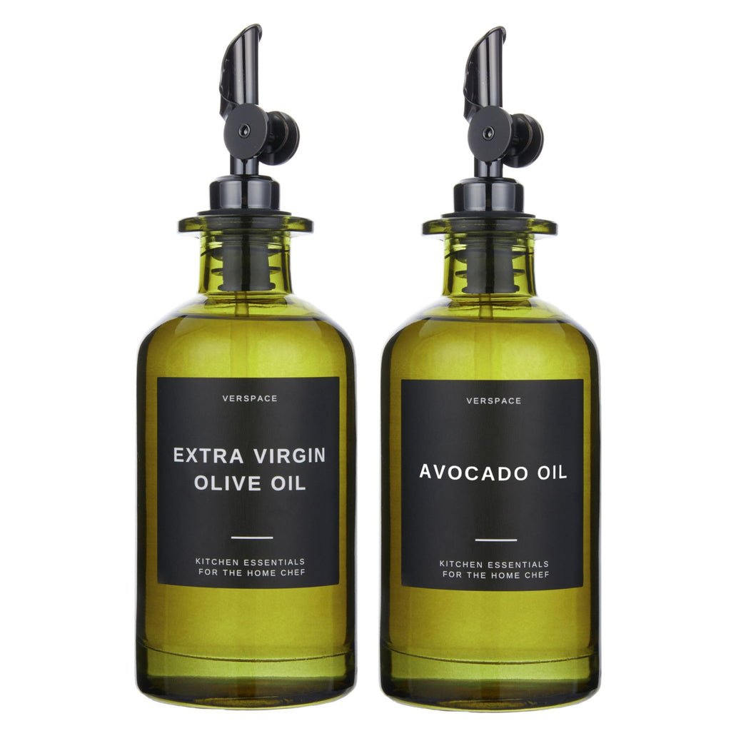 Verspace UV-Protected Green Glass Olive Oil Dispenser Bottles For Kitchen - 2 Pack - 12oz Includes 40 Kitchen Essential Labels, Avocado Oil Dispenser Set, Modern Decor for Home, Airbnb, Cafe