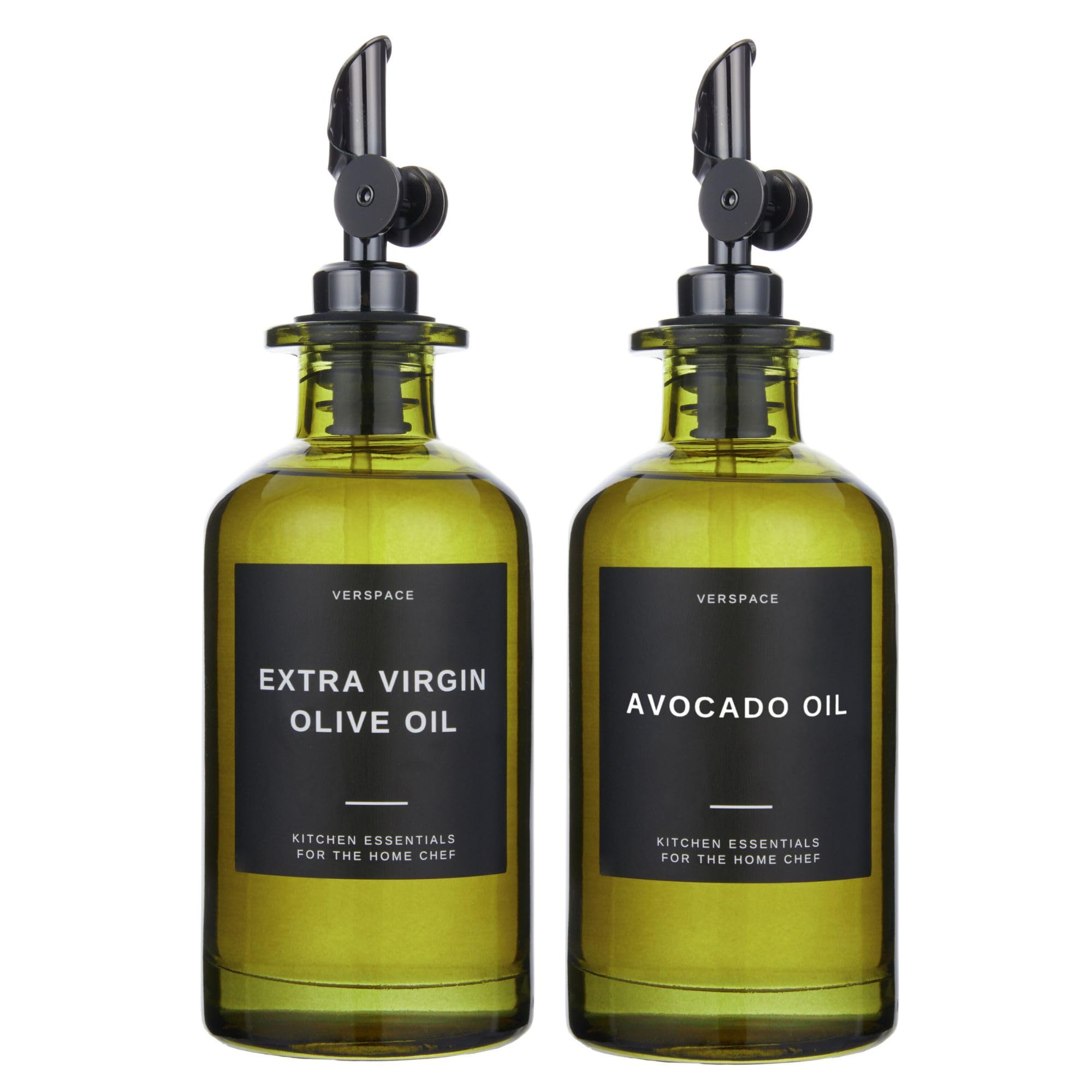 Verspace UV-Protected Green Glass Olive Oil Dispenser Bottles For Kitchen - 2 Pack - 12oz Includes 40 Kitchen Essential Labels, Avocado Oil Dispenser Set, Modern Decor for Home, Airbnb, Cafe