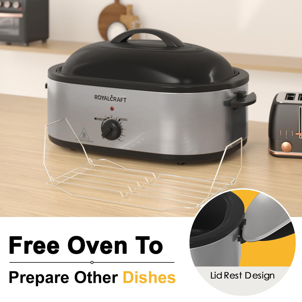 Royalcraft Roaster Oven with Self-Basting Lid, 18qt Electric Roaster with Removable Pan & Rack, Turkey Roaster Oven with Defrost & Warm Function, Stainless Steel, Silver