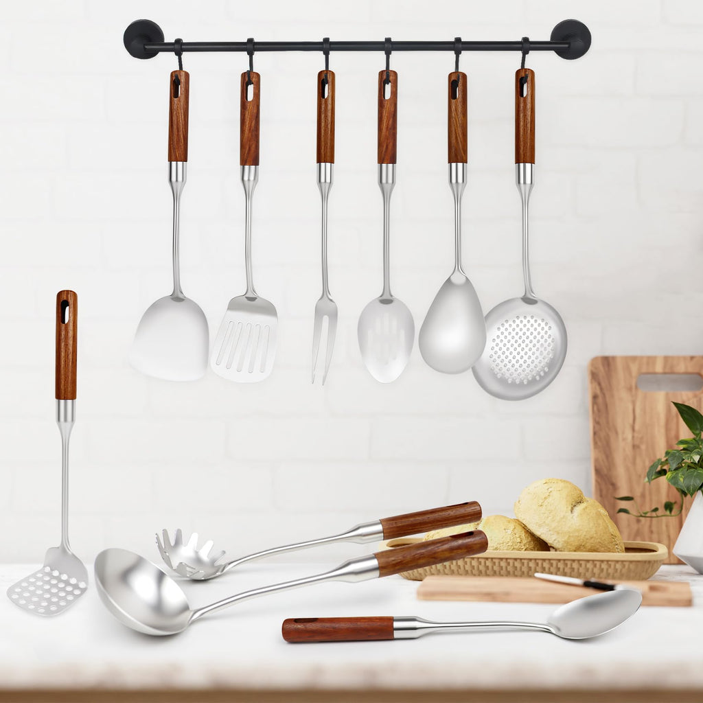 304 Stainless Steel Cooking Utensils Set with Wood Handle,10 Piece Metal Kitchen Utensils Dishwasher Safe Heat Resistant Serving Utensil Wok Tools (13-14in)