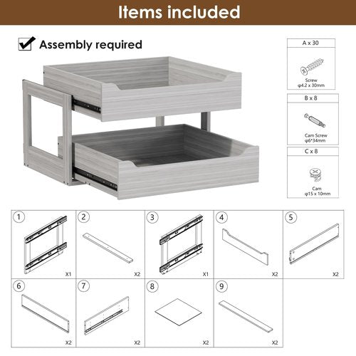 Landmok Pull Out Drawers For Cabinets, 15" W x 21.65" D x 17" H Slide Out Wooden Pull out Drawers, 2-Tier, Heavy-Duty Base Bottom Assembly Slide out Drawer Shelf Cabinet Organization for Kitchen, Gray