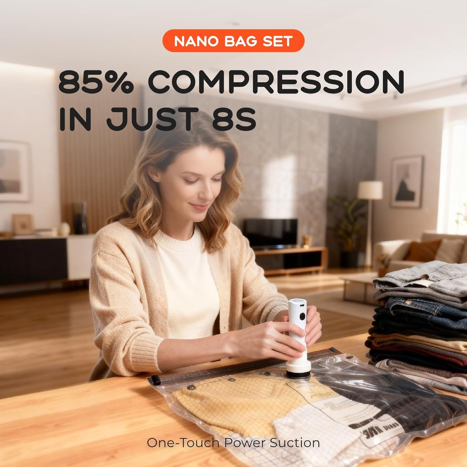 Skiennix Vacuum Bags for Clothing - 15 Pack with Rechargeable Air Pump | Space Saver for Travel & Luggage