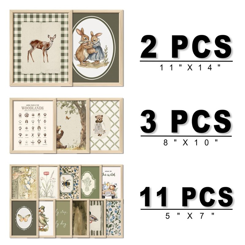 16 PCS Framed Woodland Nursery Wall Art Decor, Vintage Baby Girl & Boy Nursery Decor, Kid Toddler Room Bedroom Playroom Decor, Sage Green Animals Eclectic Gallery Wall Prints, Bear Duck Goose Rabbit ﻿