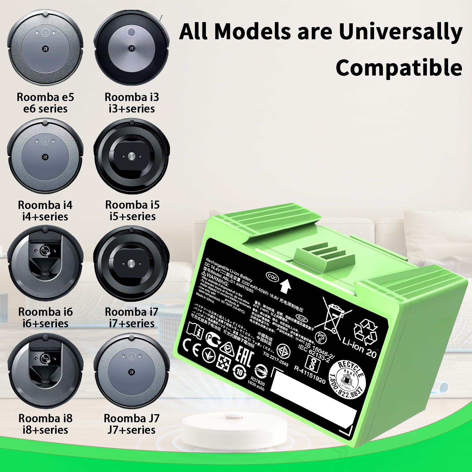 High Capacity for Roomba i7 Battery Compatible with iRobot Roomba i and e j Series, for J7 i7 i7+ i8 i8+ i6 i5 i4 i4+ i3 i3+ i7158 J7 7150 7550 and e5 e6 e5150 e5152 e6198 5511 ABL-D1 ABL-D2 14.4V