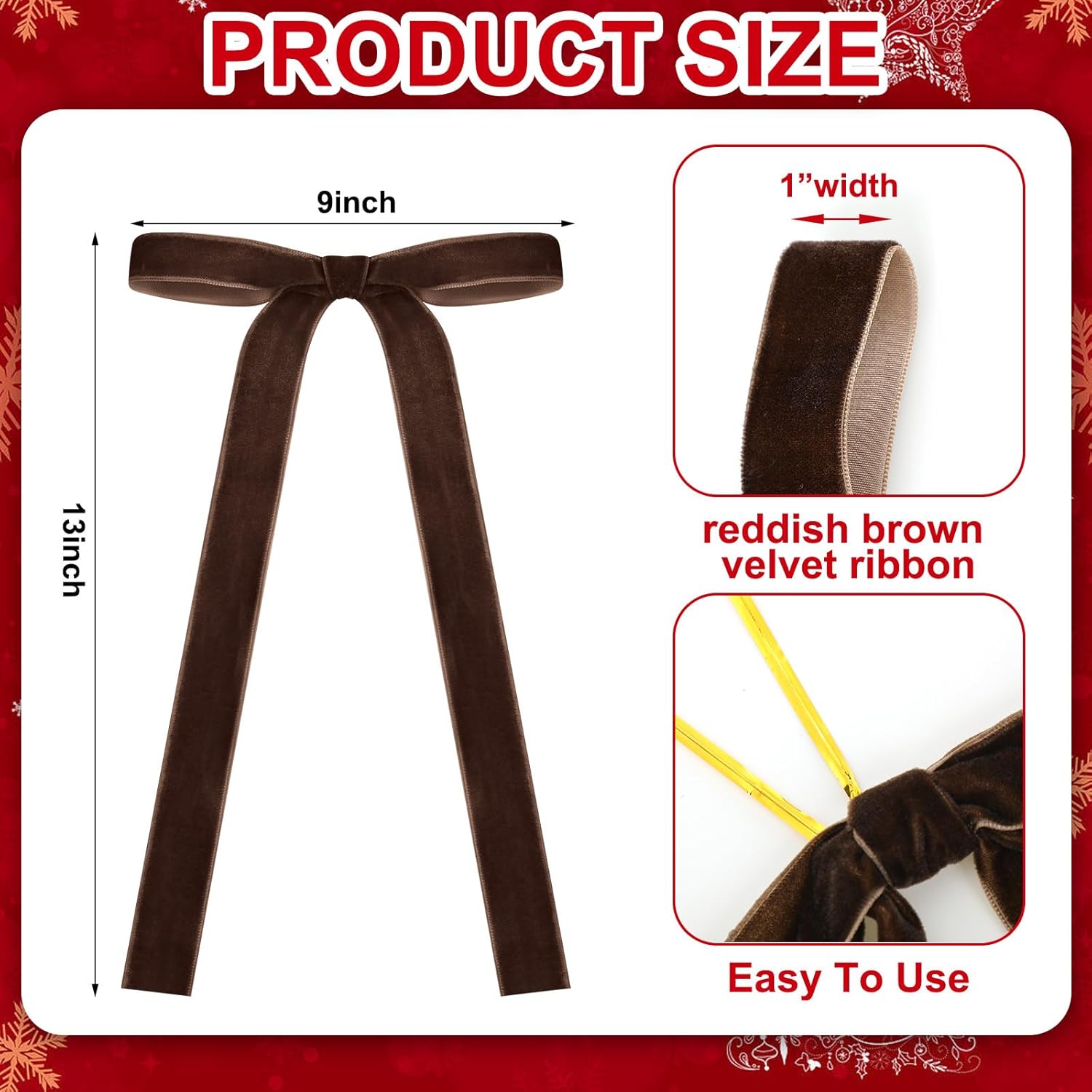 Skiennix Velvet Bows - 24 Pcs Vintage Ribbon Bows for Christmas Tree & Crafts | Chocolate Brown, 9 x 13 Inch