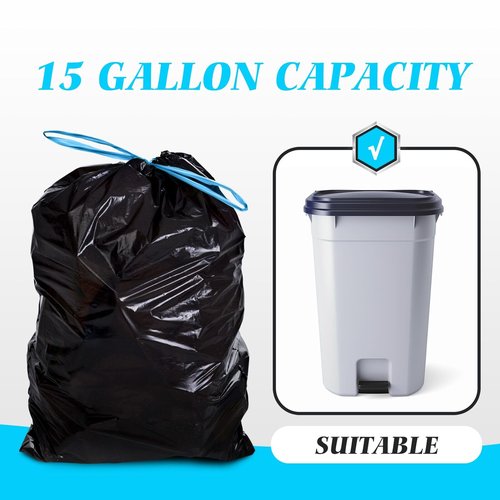 Teivio 15 Gallon 60 Counts Strong Tall Kitchen Drawstring Trash Bags, Medium Plastic Garbage Bags for Home Kitchen Garden Office Tall Trash Can, Black Waste Bin Liners