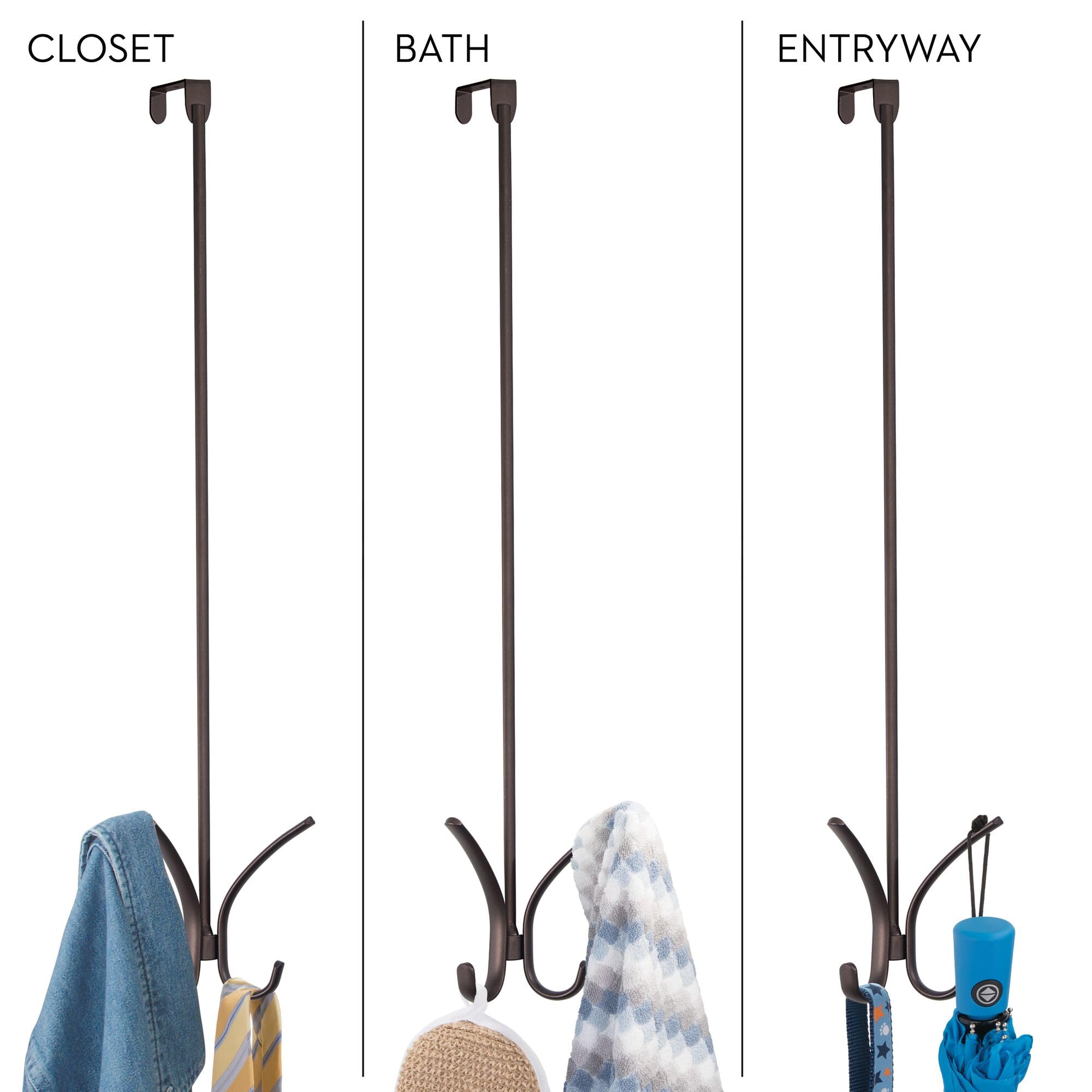 InterDesign Axis Easy Reach 24" Quad Hook, Over the Door Towel Holder or Coat Rack for Bathroom, Bedroom, Office Closet Storage, 4.7" x 3.8" x 24", Bronze