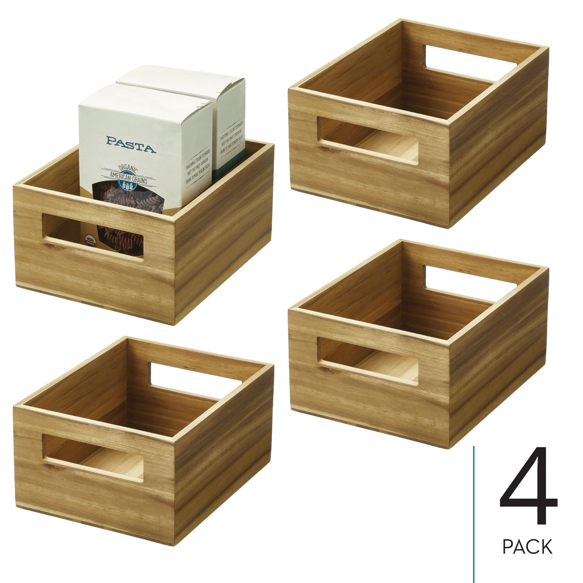 iDesign Acacia Wood Pantry Storage Bin with Handles - Set of 4