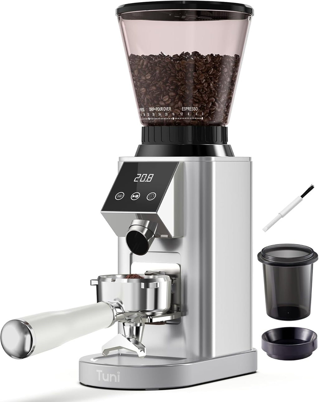 Tuni G1 Coffee Grinder - Precision Conical Burr Mill with 48 Grind Settings & LED Touchscreen - Stainless Steel Silver