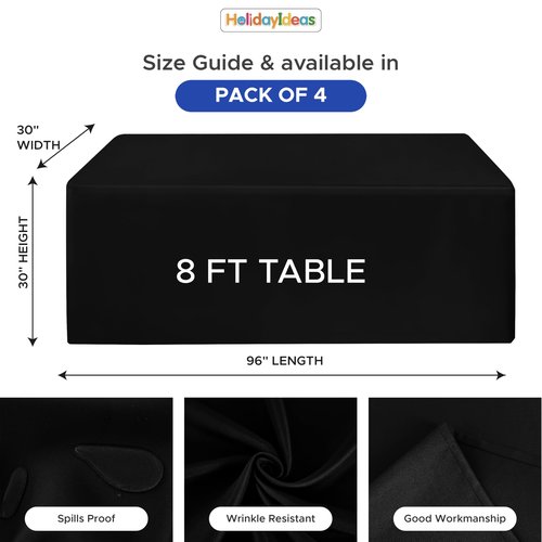 HolidayIdeas Fitted Black Rectangle Table Covers for 8 Foot Tables, Wrinkle Resistant Washable Tablecloths 96x30 Inch for Vendor Booth Display, Banquet, Trade Show, 4 Pcs