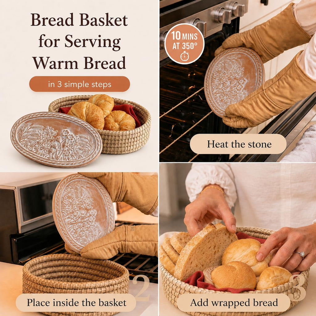 Bread Warmer Basket with Stone - Bread Baskets for Serving Rolls Warming Tortilla, Gift for Bakers Sourdough, Hostess Gifts New Home, Mom Dad Birthday