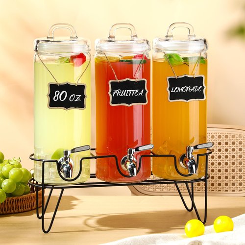 RimCereal 3 Pack 80 oz Tall Glass Drink Dispenser with Stand, Lid, Label and Stainless Steel Leakproof Spigot Beverage Water Dispenser Clear Mason Jar for Party Fridge(Round)