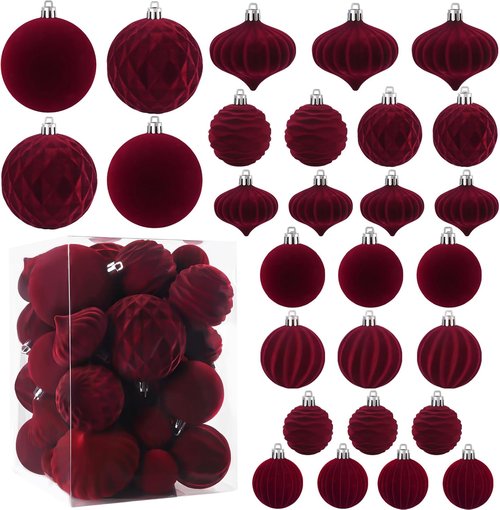 Celltestria Velvet Christmas Balls - 28PCS Shatterproof Burgundy Ornaments for Holiday Decor | Winter Tree Decorations
