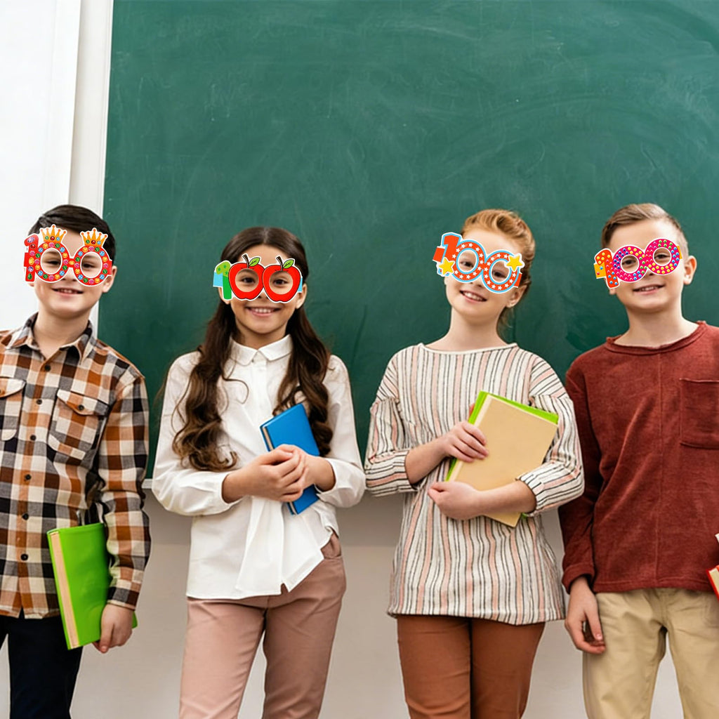 YVAINE 24 Pcs 100 Days of School Party Glasses,Funny Happy 100th Day of School Paper Novelty Glasses Photo Booth Props Frames,100 Days Smarter Costume Supplies Hooray 100 Days Party Eyeglasses