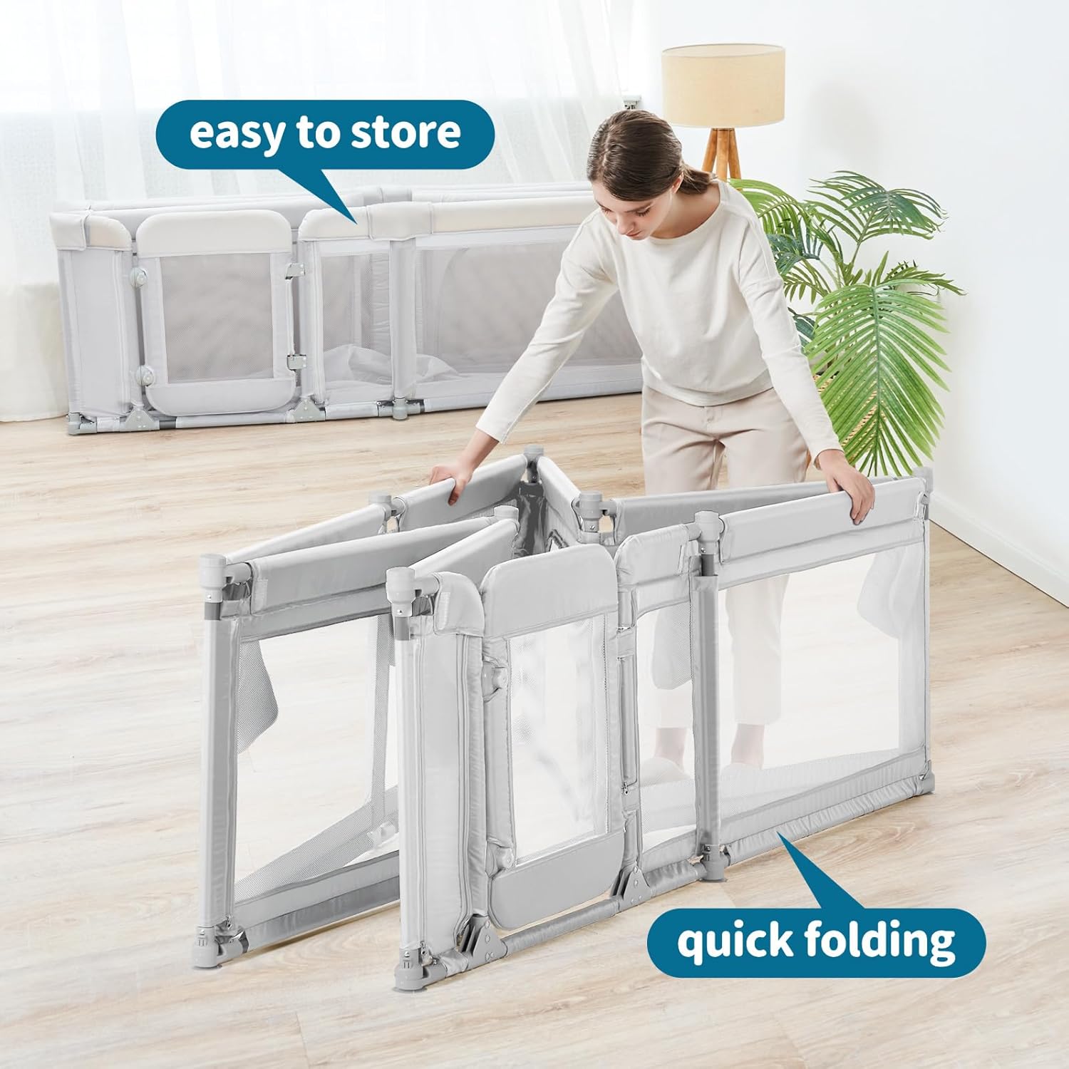 Sweeby Foldable Baby Playpen - Extra Large 79x71 Play Yard with Door & Mat | Light Grey