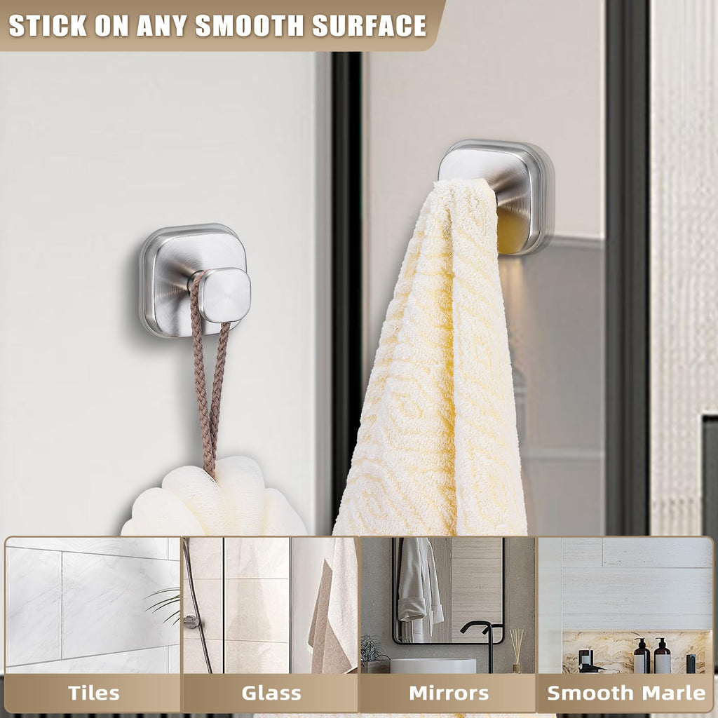 Fenas No-Drill Reusable Suction Cup Hooks, 2-Pack Brushed Nickel – Towel, Robe, Loofah, Coat Hook for Glass, Mirror, Tile, Shower, Bathroom, Kitchen & Metal (Smooth, Non-Porous Surfaces)
