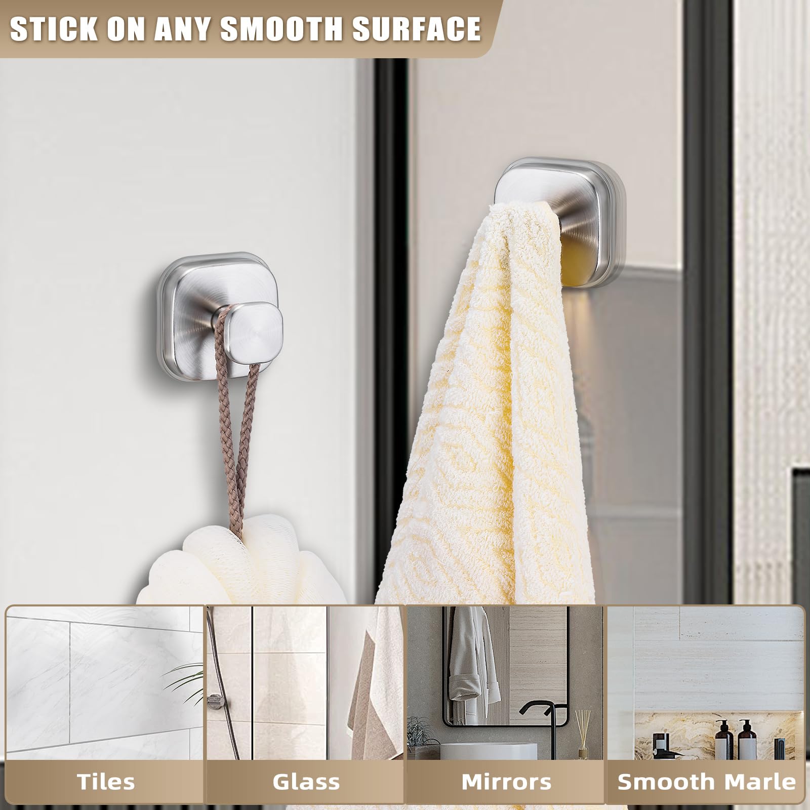 Fenas No-Drill Reusable Suction Cup Hooks, 2-Pack Brushed Nickel – Towel, Robe, Loofah, Coat Hook for Glass, Mirror, Tile, Shower, Bathroom, Kitchen & Metal (Smooth, Non-Porous Surfaces)