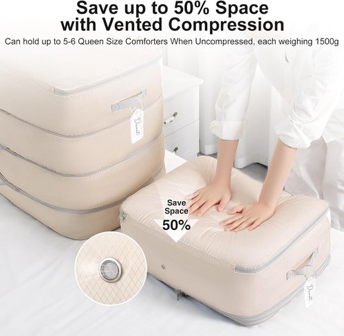 Comforter Storage Bag - 130L Large Capacity Washable Compression Organizer | 4-Layer Space Saving, 2-Pack, Beige