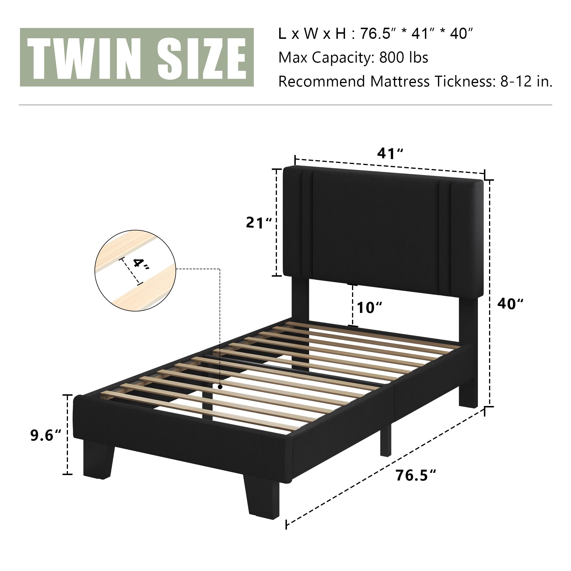 Feonase Twin Platform Bed Frame, Fabric Upholstered Twin Bed Frame, Solid Wood Slats & Heavy Duty Feet Support, No Box Spring Needed, Noise-Free, Easy Assembly, Black