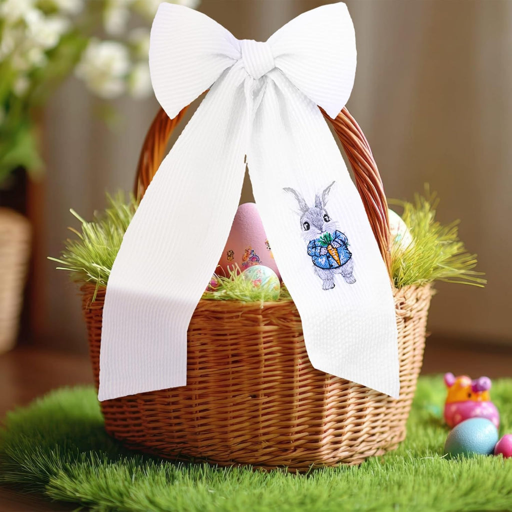 Wavwavw Seersucker Easter Basket - Embroidered Bunny Design with Large Pastel Gift Bow