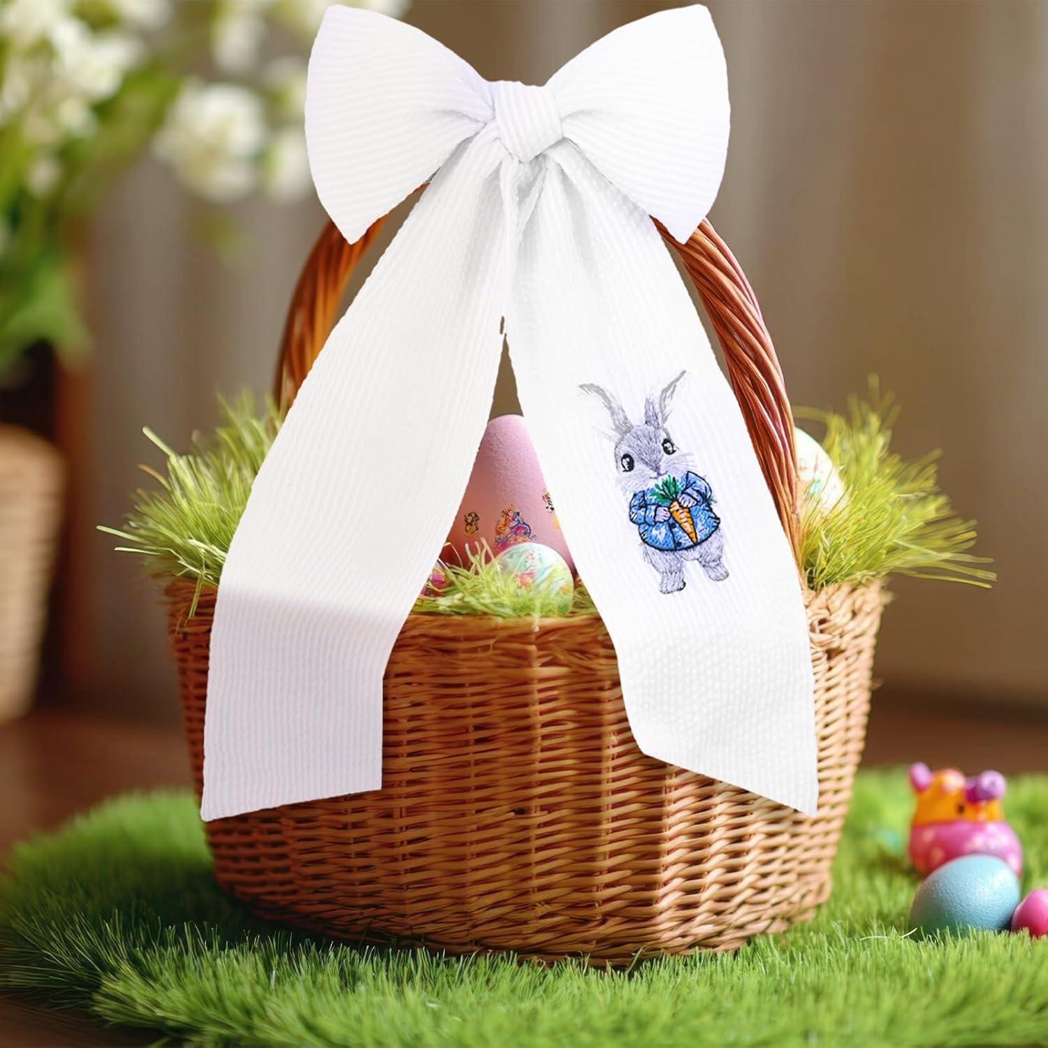Wavwavw Seersucker Easter Basket - Embroidered Bunny Design with Large Pastel Gift Bow
