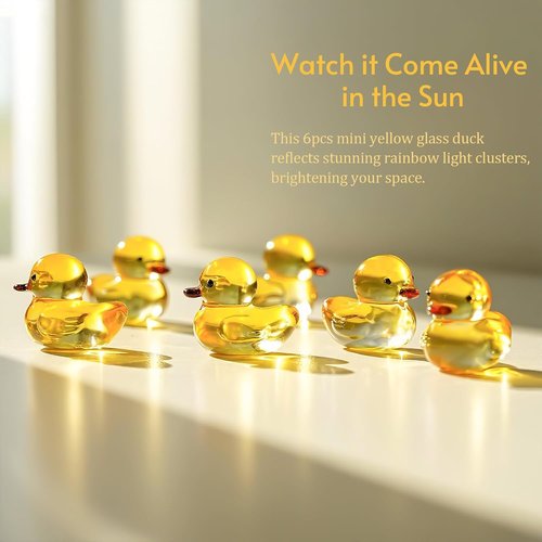H&D Hyaline & Dora Mini Yellow Glass Duck Figurines - 6 Pcs Crystal Animal Sculptures for Home Decor | 1.3 Inch
