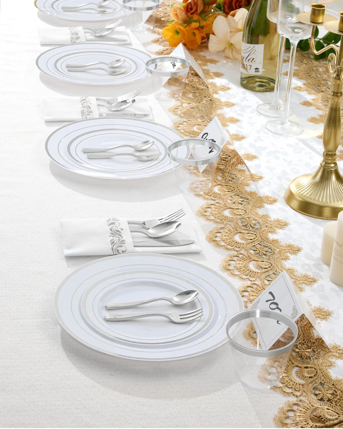 Goodluck 400PCS Elegant Silver Disposable Plastic Dinnerware Set for 40 Guests, Include: 80 Plates, 40 Place Cards, 40 Cups, 80 Spoons, 80 Forks, 40 Knives, 40 Napkins for Weddings/Parties/Graduation