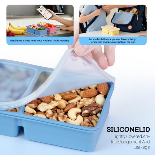 3 Pack Silicone Snack Containers with Lids, 12 oz Double Compartment Reusable Snack Bento Box for Kids , Leakproof Food Storage Boxes for Sauce, Fruit, Snacks, School, Office, Picnic, Easy to Clean