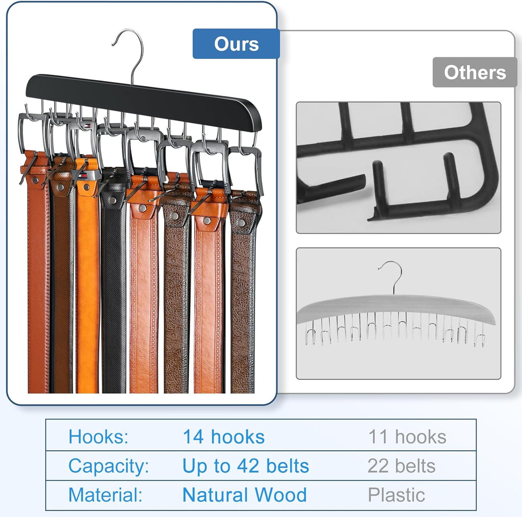Skiennix Belt Hanger - Sturdy Wood Belt Rack Organizer with 14 Hooks | Max 42 Belts - Black